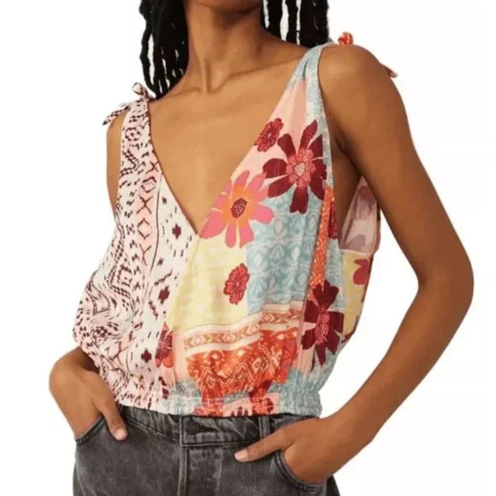 Free People Cross front Shoulder Tie Adjustable tank Small Floral Tropic…